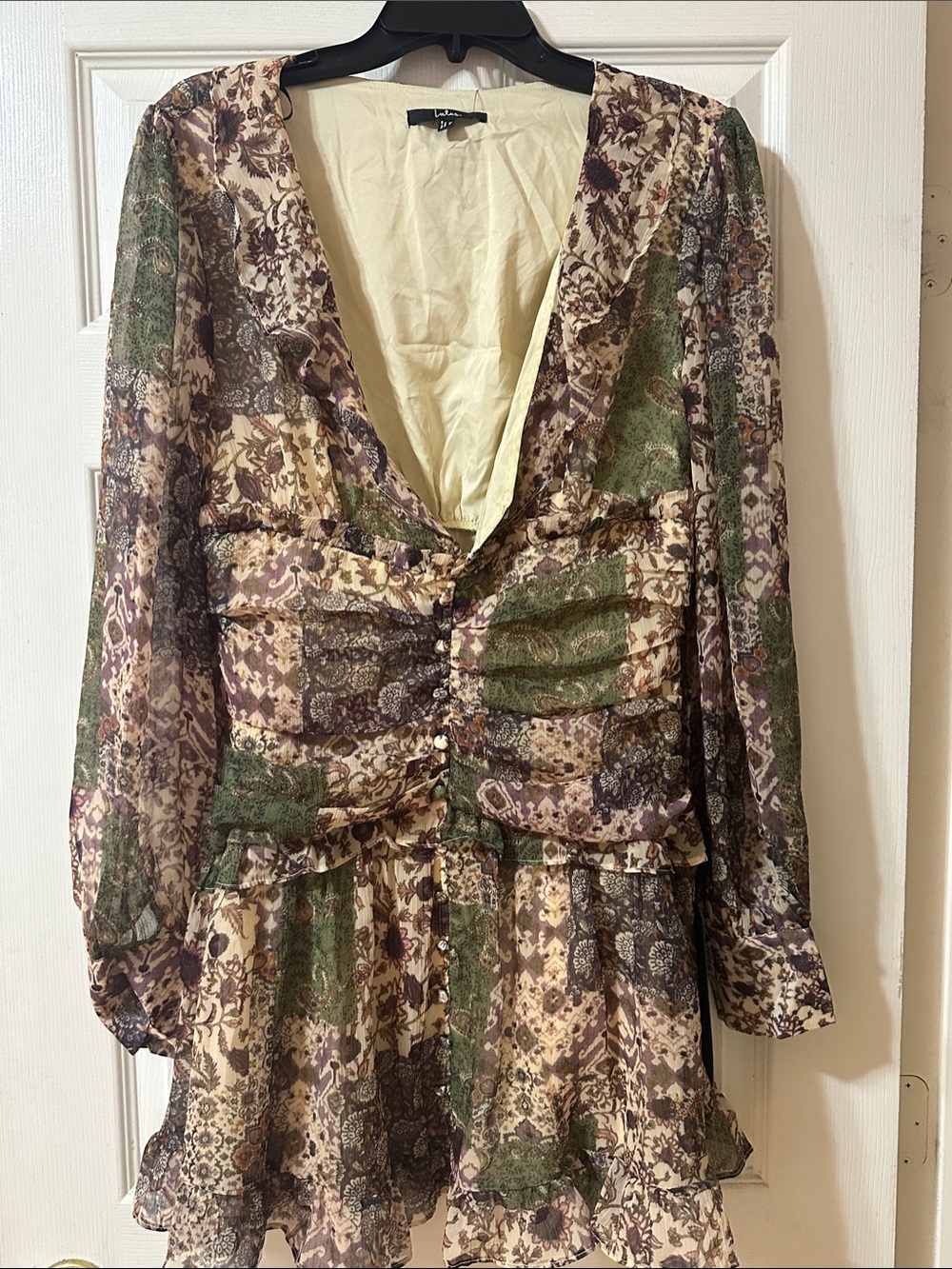 Lulu's Green and Cream Patchwork Floral Long Sleeve Mini Dress